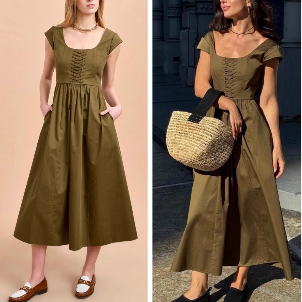La Ligne Babette Midi Dress - Olive Military Green Lace Up Causal Wedding Cotton